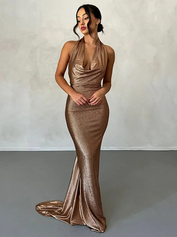Temperament Bodycon Elegant Mermaid Sexy Party Halter Backless Long Maxi Dress Elegant Maxi Dress with Drapes Temperament Bodycon Elegant Mermaid Sexy Party Halter Backless Long Maxi Dress Elegant Maxi Dress with Drapes