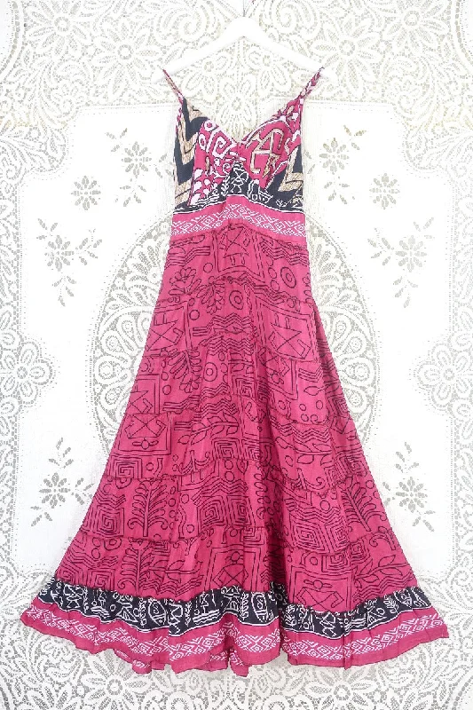 Delilah Maxi Dress - Blazing Pink & Black Graphic Print - Vintage Sari - Free Size M/L Elegant Maxi Dress with Lace Delilah Maxi Dress - Blazing Pink & Black Graphic Print - Vintage Sari - Free Size M/L Elegant Maxi Dress with Lace