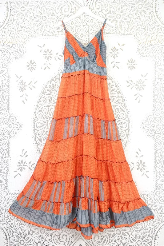 Delilah Maxi Dress - Bright Orange & Grey Stripes - Vintage Sari - Free Size L Elegant Wraparound Maxi Dress Delilah Maxi Dress - Bright Orange & Grey Stripes - Vintage Sari - Free Size L Elegant Wraparound Maxi Dress