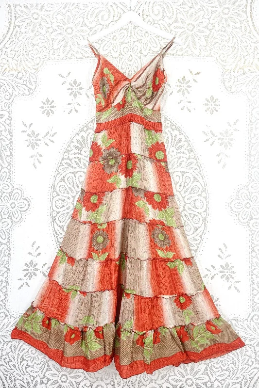 Delilah Maxi Dress - Fiery Orange Sunflowers - Vintage Sari - Free Size S/M Stylish A-Line Maxi Dress Delilah Maxi Dress - Fiery Orange Sunflowers - Vintage Sari - Free Size S/M Stylish A-Line Maxi Dress
