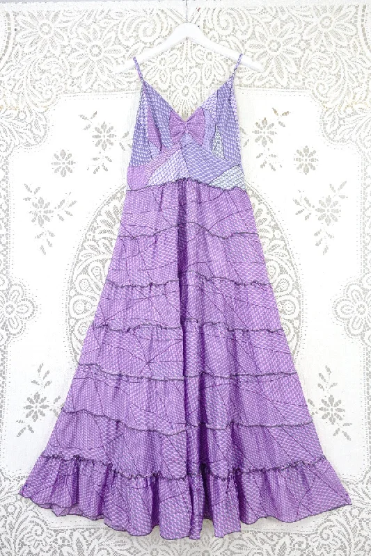 Delilah Maxi Dress - Lilac & Lavender Geometric Print - Vintage Sari - Free Size M/L Elegant Boho Maxi Dress Delilah Maxi Dress - Lilac & Lavender Geometric Print - Vintage Sari - Free Size M/L Elegant Boho Maxi Dress