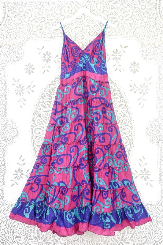 Delilah Maxi Dress - Magenta Pink, Plum & Jade Swirl - Vintage Sari - Free Size M/L Elegant Silk Maxi Dress Delilah Maxi Dress - Magenta Pink, Plum & Jade Swirl - Vintage Sari - Free Size M/L Elegant Silk Maxi Dress