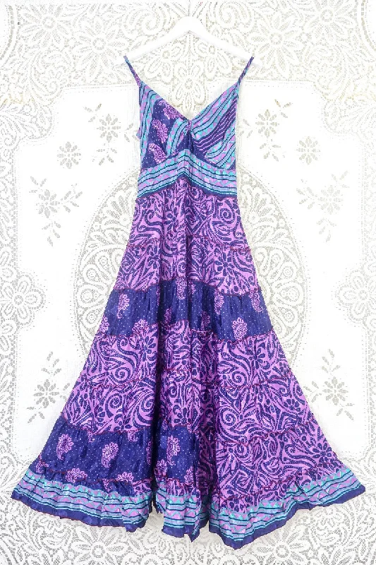Delilah Maxi Dress - Midnight Violet & Lilac Shimmer - Vintage Sari - Free Size M/L Trendy Off-Shoulder Ruffle Maxi Dress Delilah Maxi Dress - Midnight Violet & Lilac Shimmer - Vintage Sari - Free Size M/L Trendy Off-Shoulder Ruffle Maxi Dress