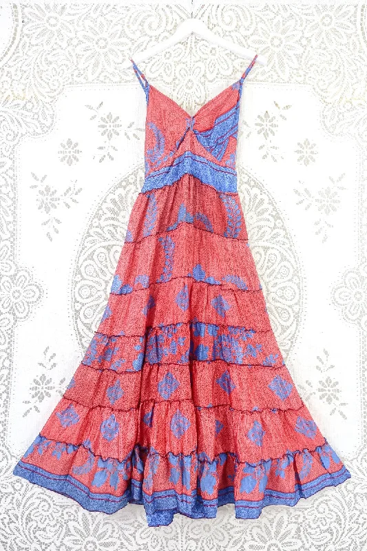 Delilah Maxi Dress - Sweet Red & Sky Blue - Vintage Sari - Free Size S Trendy Printed Maxi Dress Delilah Maxi Dress - Sweet Red & Sky Blue - Vintage Sari - Free Size S Trendy Printed Maxi Dress