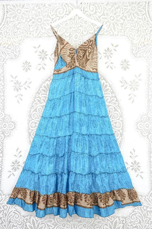 Delilah Maxi Dress - Turquoise & Golden Sand Floral - Vintage Sari - Free Size M/L Cozy Maxi Dress with Slit Delilah Maxi Dress - Turquoise & Golden Sand Floral - Vintage Sari - Free Size M/L Cozy Maxi Dress with Slit