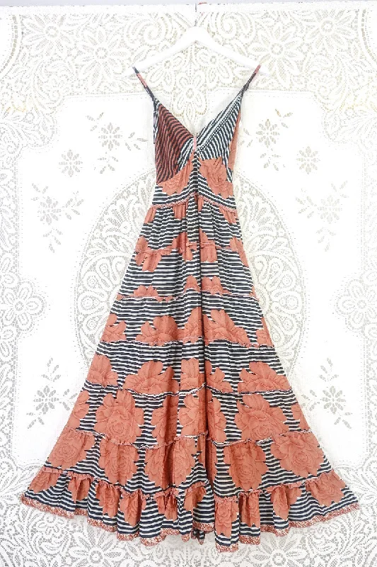 Delilah Maxi Dress - Copper & Black Striped Floral - Vintage Sari - Free Size S Comfortable Maxi Dress with Sleeves Delilah Maxi Dress - Copper & Black Striped Floral - Vintage Sari - Free Size S Comfortable Maxi Dress with Sleeves