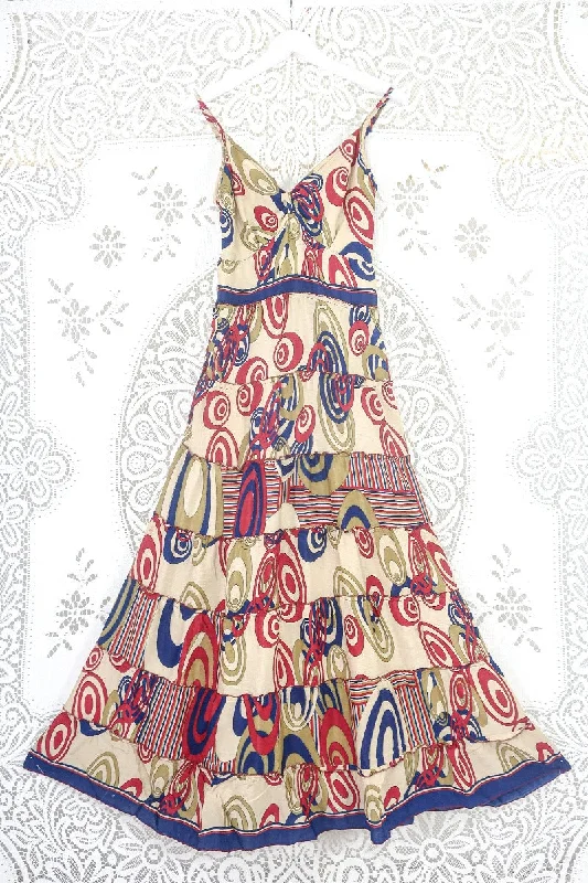 Delilah Maxi Dress - Beige with a Bold Graphic Print - Vintage Sari - Free Size M/L Comfortable Cotton Maxi Dress Delilah Maxi Dress - Beige with a Bold Graphic Print - Vintage Sari - Free Size M/L Comfortable Cotton Maxi Dress