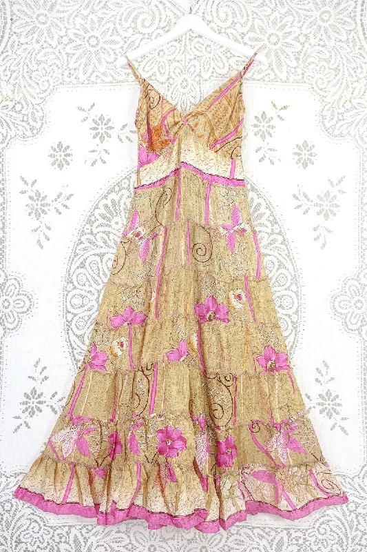 Delilah Maxi Dress - Sunny Beige & Magenta Floral - Vintage Sari - Free Size M/L Classic Tulle Maxi Dress Delilah Maxi Dress - Sunny Beige & Magenta Floral - Vintage Sari - Free Size M/L Classic Tulle Maxi Dress