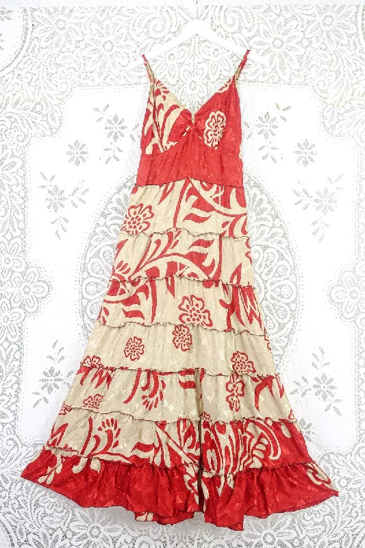Delilah Maxi Dress - White Gold & Ruby Art Deco Jacquard - Vintage Sari - Free Size M/L Chic Button-Up Maxi Dress Delilah Maxi Dress - White Gold & Ruby Art Deco Jacquard - Vintage Sari - Free Size M/L Chic Button-Up Maxi Dress