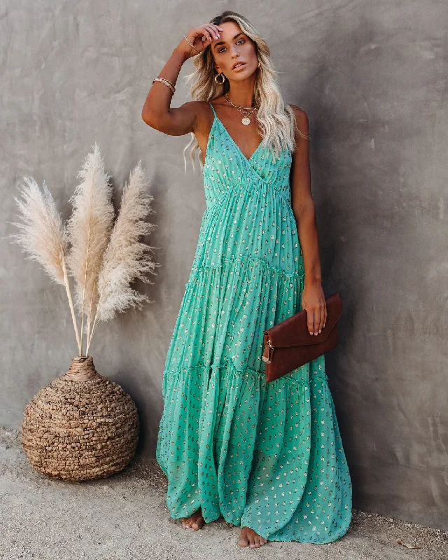 Fathoms Below Adjustable Metallic Tiered Maxi Dress - Seafoam Comfortable Maxi Dress with Belt Fathoms Below Adjustable Metallic Tiered Maxi Dress - Seafoam Comfortable Maxi Dress with Belt