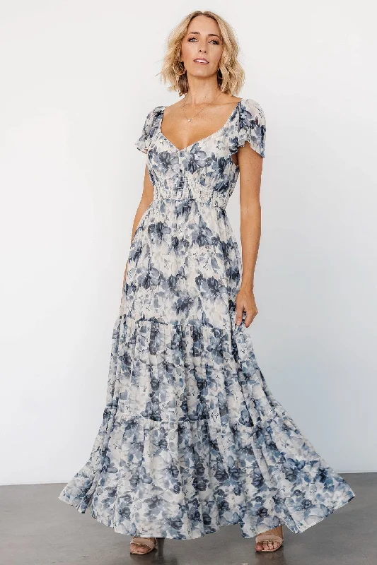 Genevive Maxi Dress | Cream + Blue Floral Chic Button-Up Maxi Dress
