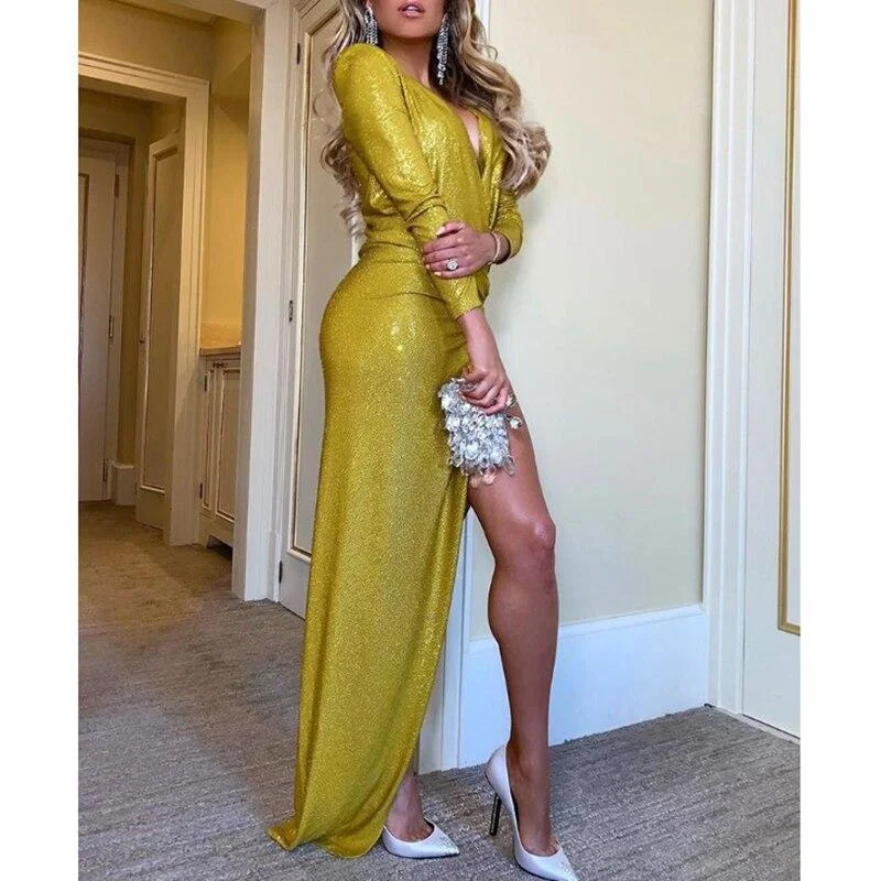 FashionSierra - Glitter Surplice Wrap Deep V Ruched Slit Dress Women Party Dress Autumn Long Sleeve Maxi Dresses Vestidos Mujer Chic Button-Up Maxi Dress FashionSierra - Glitter Surplice Wrap Deep V Ruched Slit Dress Women Party Dress Autumn Long Sleeve Maxi Dresses Vestidos Mujer Chic Button-Up Maxi Dress