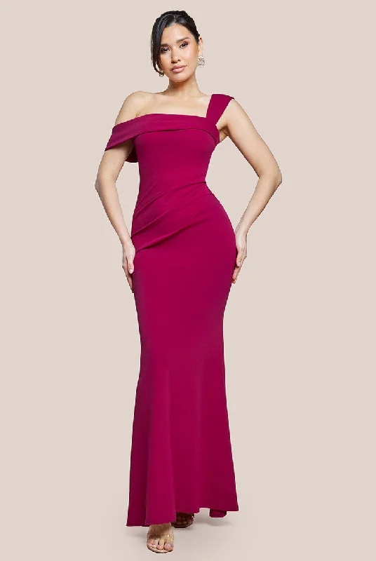 Goddiva Off The Shoulder Pleated Waist Maxi Dress - Berry Fashionable High-Waist Maxi Dress Goddiva Off The Shoulder Pleated Waist Maxi Dress - Berry Fashionable High-Waist Maxi Dress