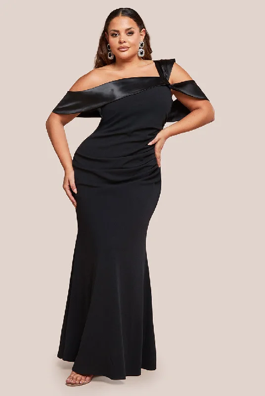 Goddiva Plus One Shoulder Satin Band Maxi Dress - Black Comfortable Long-Sleeve Maxi Dress Goddiva Plus One Shoulder Satin Band Maxi Dress - Black Comfortable Long-Sleeve Maxi Dress