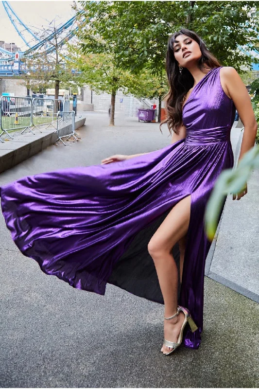 Goddiva One Shoulder Slinky Foil Flared Maxi Dress - Purple Fashionable Asymmetrical Maxi Dress Goddiva One Shoulder Slinky Foil Flared Maxi Dress - Purple Fashionable Asymmetrical Maxi Dress