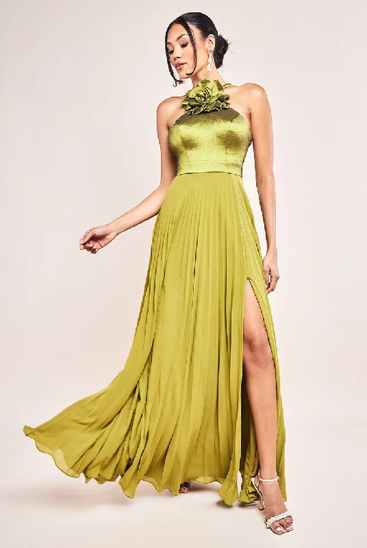 Goddiva Pleated Chiffon Corsage Halter Strappy Maxi Dress - Olive Green Fashionable Asymmetrical Maxi Dress Goddiva Pleated Chiffon Corsage Halter Strappy Maxi Dress - Olive Green Fashionable Asymmetrical Maxi Dress