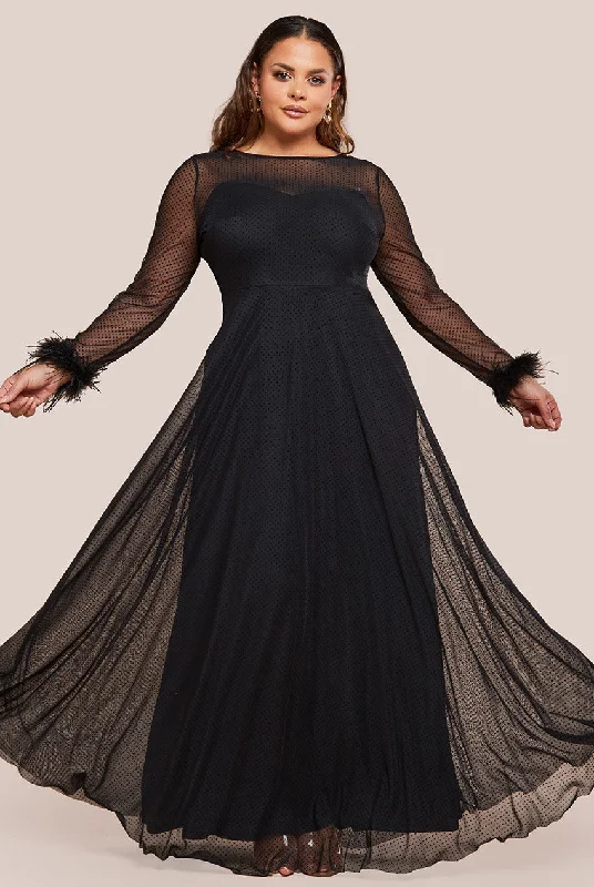Goddiva Plus Dobby Mesh Feather Sleeve Hem Maxi Dress - Black Fashionable High-Low Maxi Dress Goddiva Plus Dobby Mesh Feather Sleeve Hem Maxi Dress - Black Fashionable High-Low Maxi Dress
