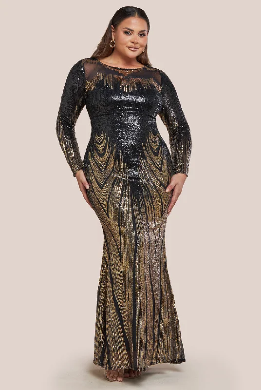 Goddiva Plus Long Sleeve Aztec Sequin Maxi Dress - Gold Fashionable Asymmetrical Maxi Dress Goddiva Plus Long Sleeve Aztec Sequin Maxi Dress - Gold Fashionable Asymmetrical Maxi Dress