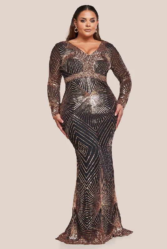 Goddiva Plus Plus Starburst Sequin Maxi Dress - Rose Gold Comfortable Maxi Dress with Belt Goddiva Plus Plus Starburst Sequin Maxi Dress - Rose Gold Comfortable Maxi Dress with Belt