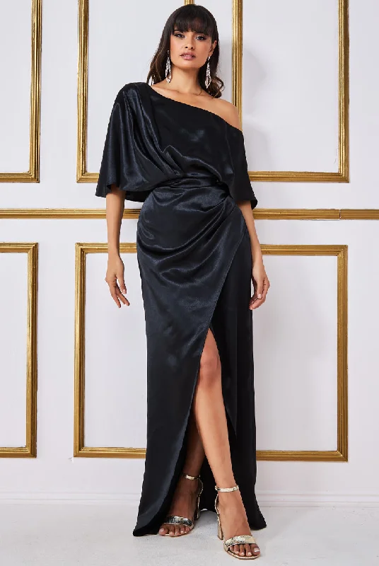 Goddiva Satin Drape Shoulder Wrap Maxi Dress - Black Fashionable Maxi Dress with Fringe Goddiva Satin Drape Shoulder Wrap Maxi Dress - Black Fashionable Maxi Dress with Fringe