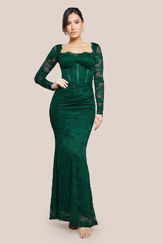 Goddiva Scalloped Lace Corset Bodice Maxi Dress - Emerald Green Comfortable Bohemian Maxi Dress Goddiva Scalloped Lace Corset Bodice Maxi Dress - Emerald Green Comfortable Bohemian Maxi Dress