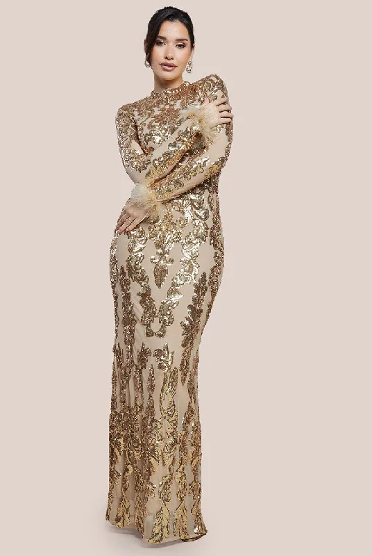 Goddiva Sequin High Neck Feather Cuff Maxi Dress - Gold Cozy Spaghetti Strap Maxi Dress Goddiva Sequin High Neck Feather Cuff Maxi Dress - Gold Cozy Spaghetti Strap Maxi Dress