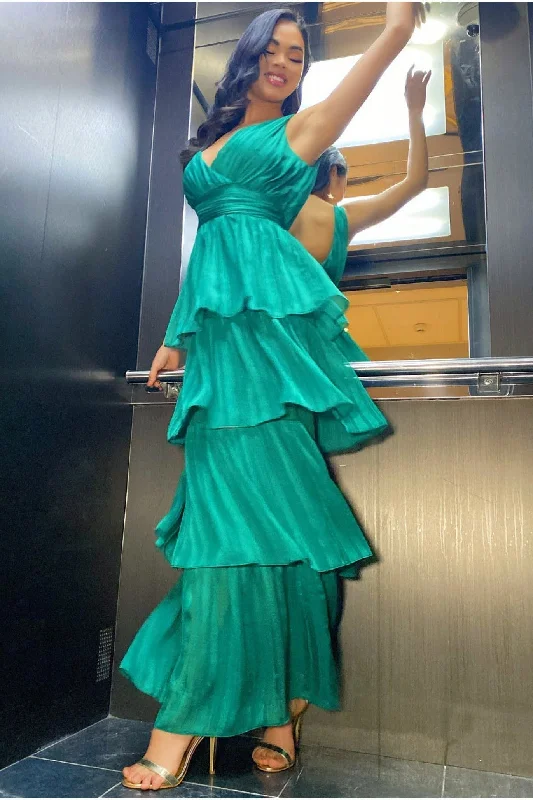 Goddiva Tiered Chiffon Maxi Dress - Emerald Comfortable Fit-and-Flare Maxi Dress