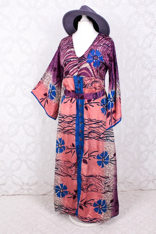 Jasmine Maxi Dress - Plum, Salmon & Azure Floral Ripple Vintage Sari - Size S/M Fashionable Open-Back Maxi Dress Jasmine Maxi Dress - Plum, Salmon & Azure Floral Ripple Vintage Sari - Size S/M Fashionable Open-Back Maxi Dress
