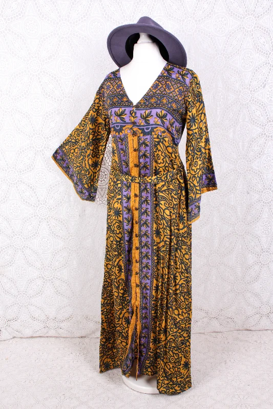 Jasmine Maxi Dress - Lemon & Lavender Flora Nouveau Vintage Sari - Size S/M Trendy Maxi Dress with Lace Jasmine Maxi Dress - Lemon & Lavender Flora Nouveau Vintage Sari - Size S/M Trendy Maxi Dress with Lace