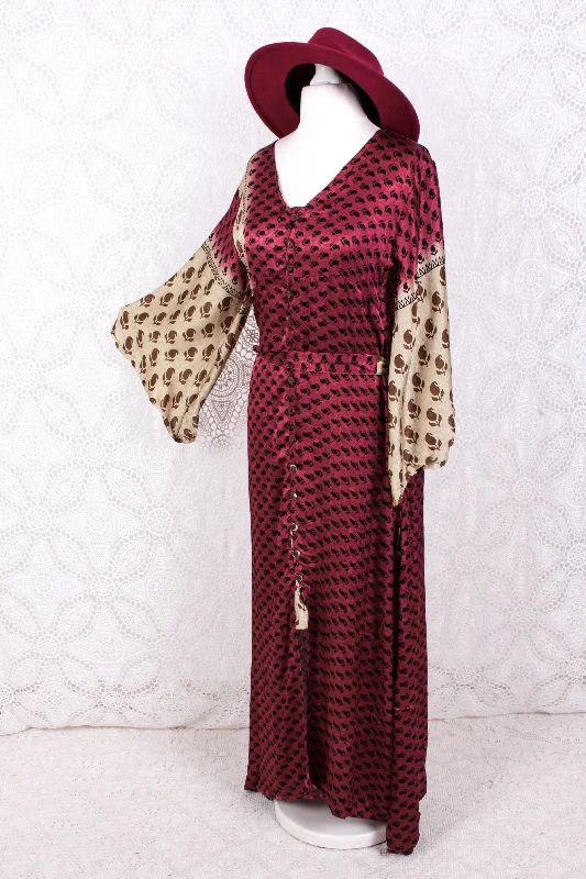 Jasmine Maxi Dress- Sangria, Gold & Ivory Shimmery Fleur De Lis Vintage Sari - Size S/M Stylish Longline Maxi Dress Jasmine Maxi Dress- Sangria, Gold & Ivory Shimmery Fleur De Lis Vintage Sari - Size S/M Stylish Longline Maxi Dress
