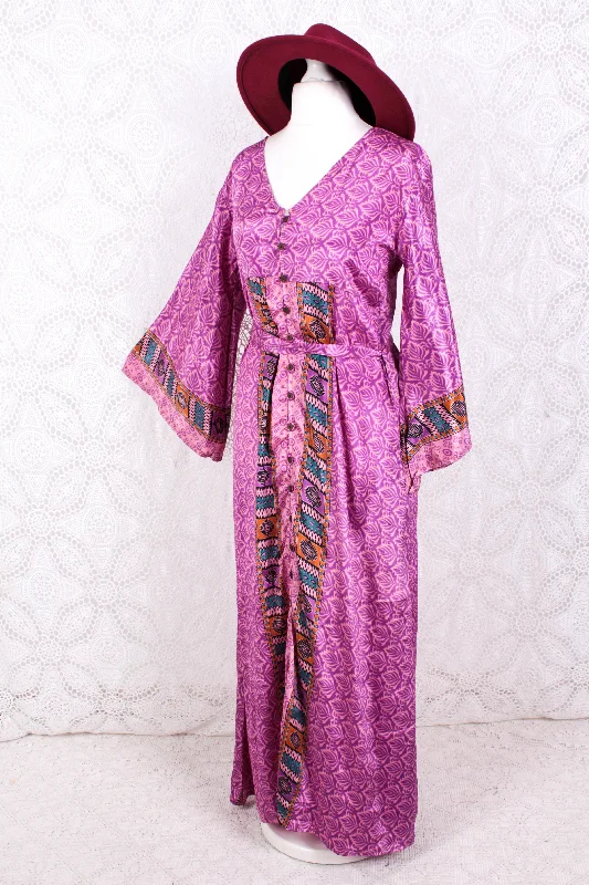 Jasmine Maxi Dress - Pink & Purple Vintage Sari - Size S/M Cozy Cold-Shoulder Maxi Dress Jasmine Maxi Dress - Pink & Purple Vintage Sari - Size S/M Cozy Cold-Shoulder Maxi Dress