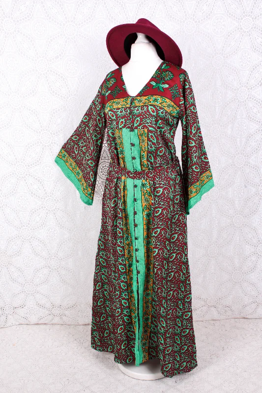 Jasmine Maxi Dress - Parakeet, Berry & Dandelion Flora Nouveau Vintage Sari - Size S/M Trendy Off-Shoulder Ruffle Maxi Dress Jasmine Maxi Dress - Parakeet, Berry & Dandelion Flora Nouveau Vintage Sari - Size S/M Trendy Off-Shoulder Ruffle Maxi Dress