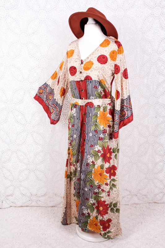 Jasmine Maxi Dress - Cherry, Prussian, & Mustard Floral Vintage Sari - Size S/M Elegant Floral Maxi Dress Jasmine Maxi Dress - Cherry, Prussian, & Mustard Floral Vintage Sari - Size S/M Elegant Floral Maxi Dress