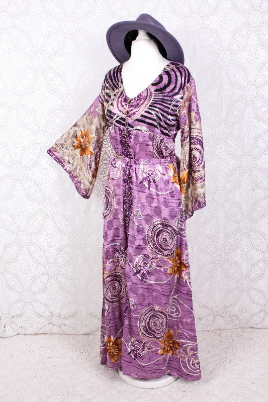 Jasmine Maxi Dress - Mauve Shimmer Floral Vintage Sari - Size S/M Trendy V-Neck Maxi Dress Jasmine Maxi Dress - Mauve Shimmer Floral Vintage Sari - Size S/M Trendy V-Neck Maxi Dress