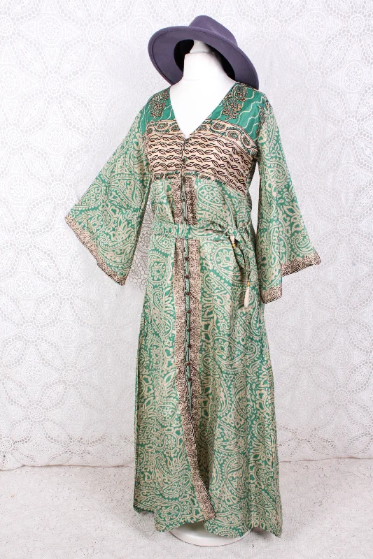 Jasmine Maxi Dress - Peppermint & Ivory Paisley Vintage Sari - Size S/M Chic Button-Up Maxi Dress Jasmine Maxi Dress - Peppermint & Ivory Paisley Vintage Sari - Size S/M Chic Button-Up Maxi Dress