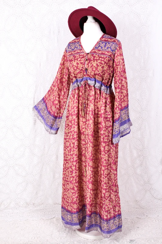 Lily Maxi Dress - Strawberry & Violet Vintage Sari - Size S/M Chic Summer Floral Maxi Dress Lily Maxi Dress - Strawberry & Violet Vintage Sari - Size S/M Chic Summer Floral Maxi Dress