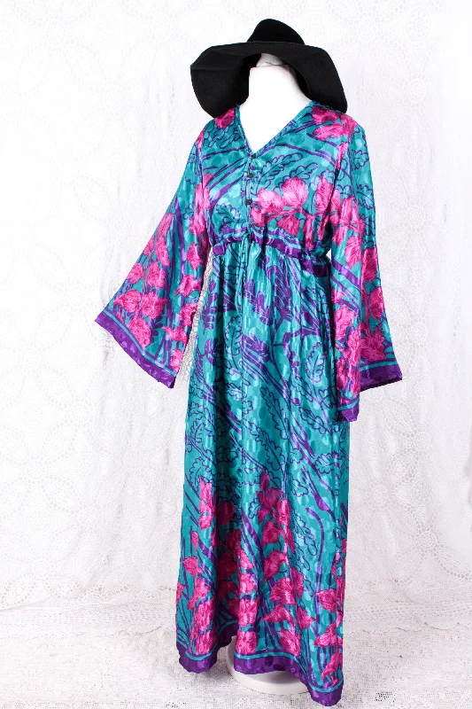 Lily Maxi Dress - Blue & Pink Shimmer Vintage Sari - Size S/M Comfortable Fit-and-Flare Maxi Dress Lily Maxi Dress - Blue & Pink Shimmer Vintage Sari - Size S/M Comfortable Fit-and-Flare Maxi Dress