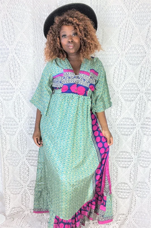 Lunar Maxi Dress - Vintage Indian Sari - Bold, Magenta & Teal Paisley Motif - S/M Stylish Long Sleeve Maxi Dress Lunar Maxi Dress - Vintage Indian Sari - Bold, Magenta & Teal Paisley Motif - S/M Stylish Long Sleeve Maxi Dress