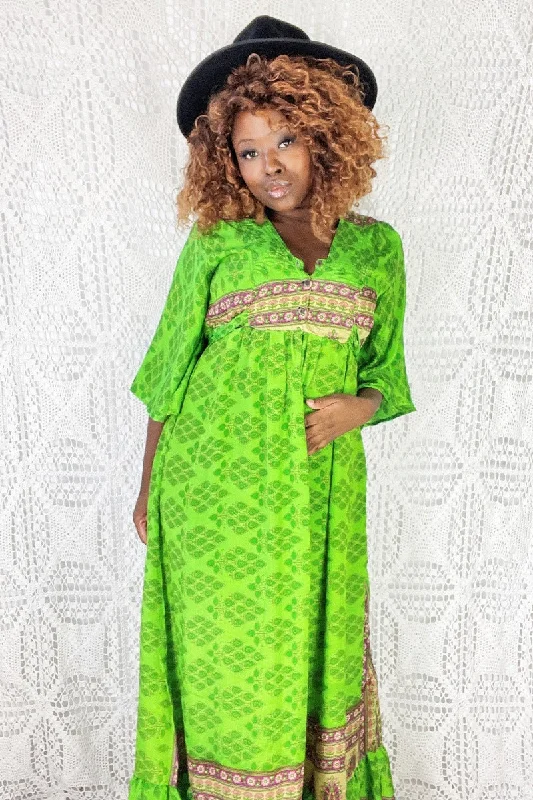 Lunar Maxi Dress - Vintage Indian Sari - Neon Green & Cerise Floral - S/M Comfortable Fit-and-Flare Maxi Dress Lunar Maxi Dress - Vintage Indian Sari - Neon Green & Cerise Floral - S/M Comfortable Fit-and-Flare Maxi Dress