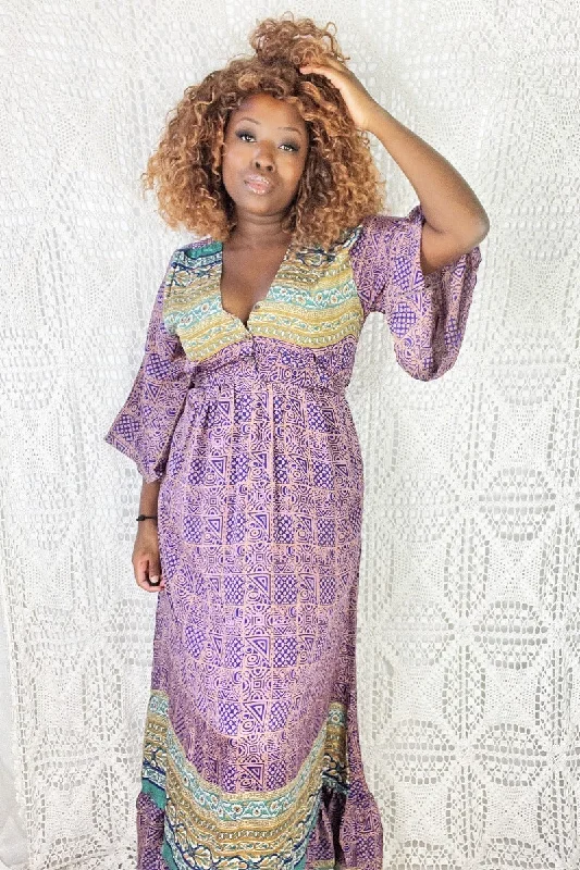 Lunar Maxi Dress - Vintage Indian Sari - Purple Gold & Teal - S/M Fashionable Button-Down Maxi Dress Lunar Maxi Dress - Vintage Indian Sari - Purple Gold & Teal - S/M Fashionable Button-Down Maxi Dress