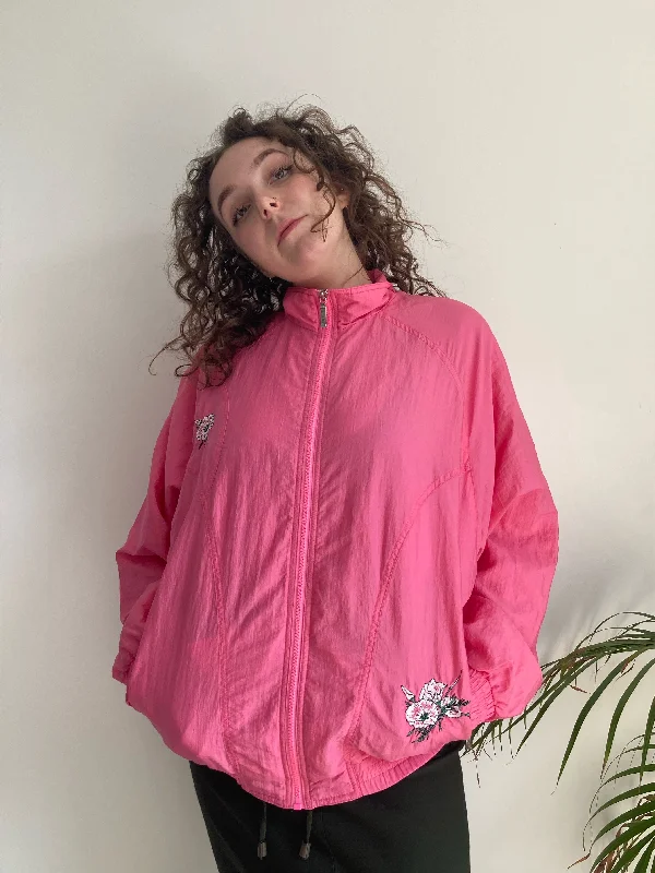 Pink Flower Shell Jacket (M) Embroidered Jacket Appliqued Jacket Beaded Jacket
