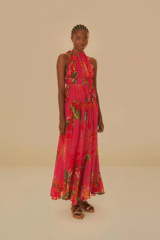 Red Pietra Floral Sleeveless Maxi Dress Fashionable Halter Neck Maxi Dress