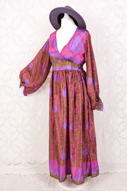 Rosemary Maxi Dress - Vintage Indian Sari - Bronze, Pink & Purple - S/M Stylish Maxi Dress with Pleats Rosemary Maxi Dress - Vintage Indian Sari - Bronze, Pink & Purple - S/M Stylish Maxi Dress with Pleats