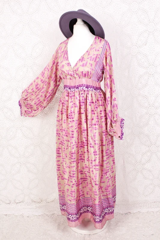 Rosemary Maxi Dress - Vintage Indian Sari - Shea Butter & Pink Floral - S/M Chic Summer Floral Maxi Dress Rosemary Maxi Dress - Vintage Indian Sari - Shea Butter & Pink Floral - S/M Chic Summer Floral Maxi Dress