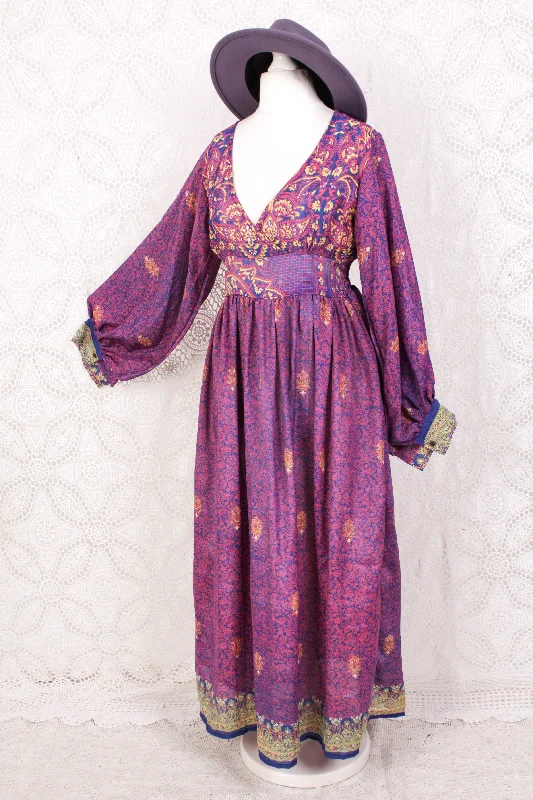 Rosemary Maxi Dress - Vintage Indian Sari - Steely Blue & Electric Coral Floral Paisley - XS/S Classic Solid Maxi Dress Rosemary Maxi Dress - Vintage Indian Sari - Steely Blue & Electric Coral Floral Paisley - XS/S Classic Solid Maxi Dress