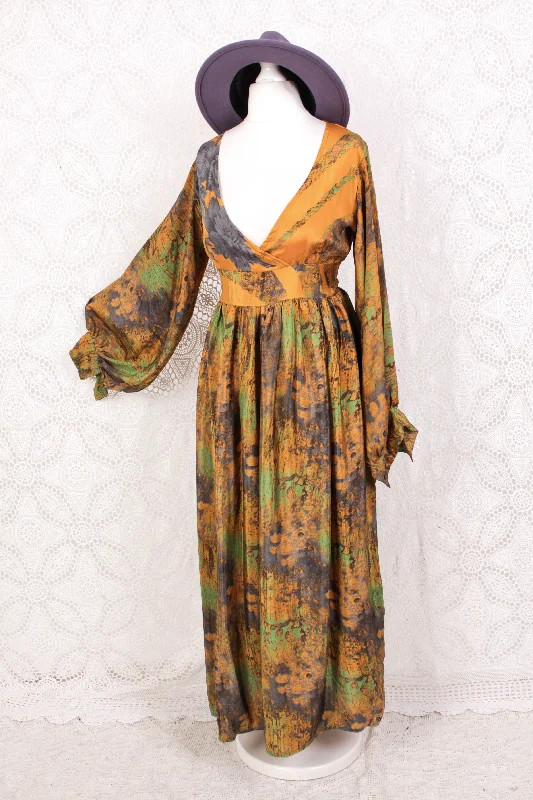 Rosemary Maxi Dress - Vintage Indian Sari - Mustard, Slate & Green Abstract -XS/S Elegant Maxi Dress with Drapes Rosemary Maxi Dress - Vintage Indian Sari - Mustard, Slate & Green Abstract -XS/S Elegant Maxi Dress with Drapes
