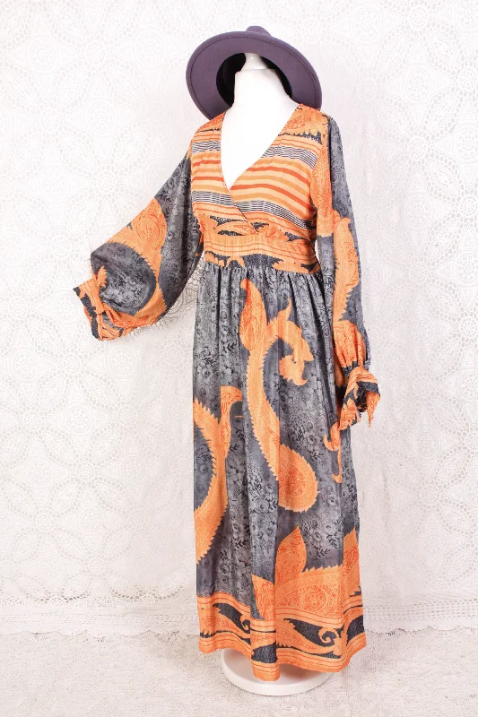 Rosemary Maxi Dress - Vintage Indian Sari - Dark Silver & Orange Florals - S/M Stylish Long Sleeve Maxi Dress Rosemary Maxi Dress - Vintage Indian Sari - Dark Silver & Orange Florals - S/M Stylish Long Sleeve Maxi Dress