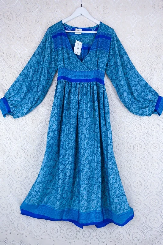 Rosemary Maxi Dress -Vintage Indian Sari - Ocean Blue Abstract Print - Size XXS Stylish Pleated A-Line Maxi Dress Rosemary Maxi Dress -Vintage Indian Sari - Ocean Blue Abstract Print - Size XXS Stylish Pleated A-Line Maxi Dress