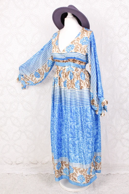Rosemary Maxi Dress - Vintage Indian Sari - Summer Ocean & Beige Floral - S/M Stylish Off-Shoulder Maxi Dress Rosemary Maxi Dress - Vintage Indian Sari - Summer Ocean & Beige Floral - S/M Stylish Off-Shoulder Maxi Dress