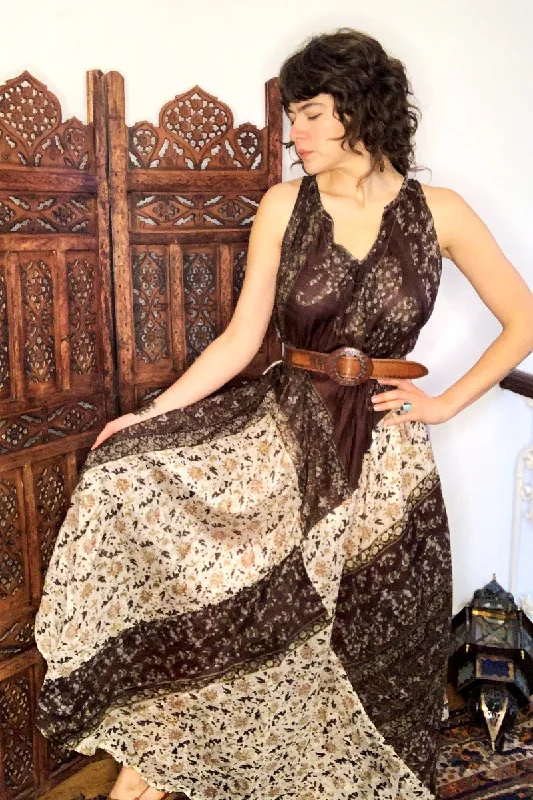 Siren Maxi Dress - Bronze Brown & Diamond White Floral - Vintage Indian Silk - XS-M Elegant Maxi Dress with Belt Siren Maxi Dress - Bronze Brown & Diamond White Floral - Vintage Indian Silk - XS-M Elegant Maxi Dress with Belt